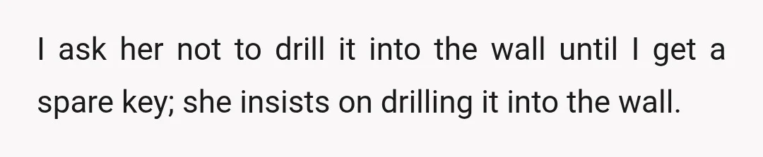 I ask her not to drill it into the wall until I get a spare key; she insists on drilling it into the wall.