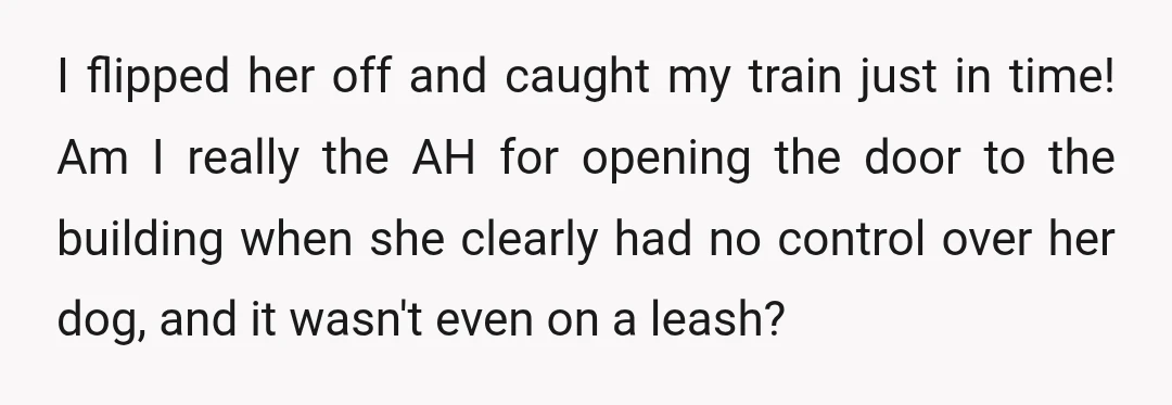 I flipped her off and caught my train just in time! Am I really the AH for opening the door to the building when she clearly had no control over...