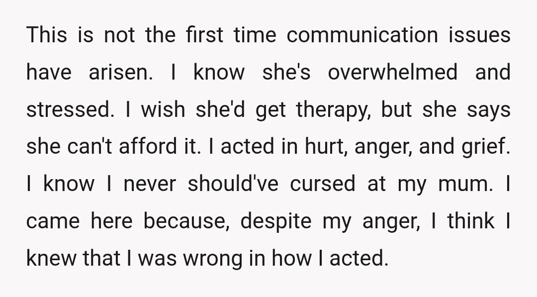 This is not the first time communication issues have arisen. I know she's overwhelmed and stressed. I wish she'd get therapy, but she says she can't afford it. I acted...