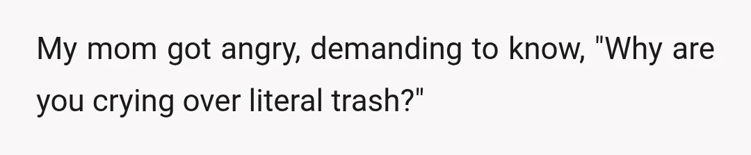 My mom got angry, demanding to know, "Why are you crying over literal trash?"
