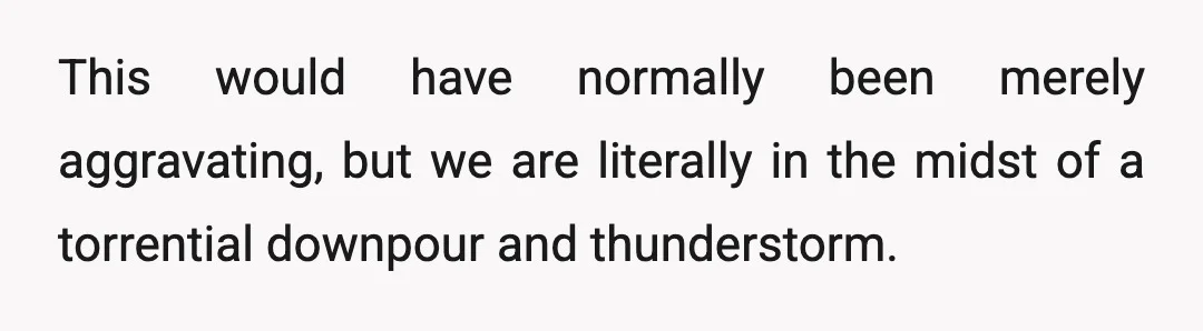 This would have normally been merely aggravating, but we are literally in the midst of a torrential downpour and thunderstorm.