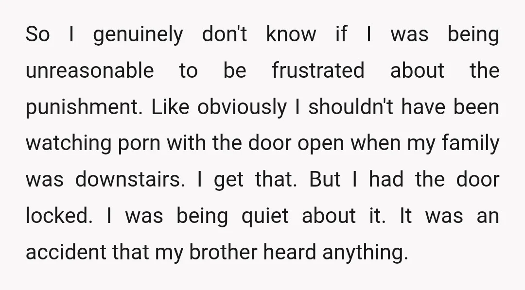 So I genuinely don't know if I was being unreasonable to be frustrated about the punishment. Like obviously I shouldn't have been watching porn with the door open when my...