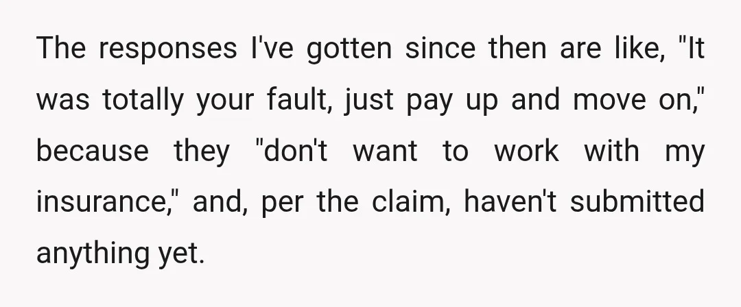 The responses I've gotten since then are like, "It was totally your fault, just pay up and move on," because they "don't want to work with my insurance," and, per...
