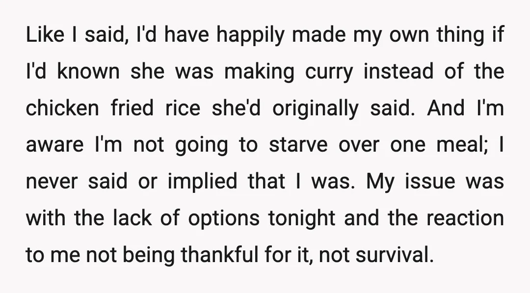 Like I said, I'd have happily made my own thing if I'd known she was making curry instead of the chicken fried rice she'd originally said. And I'm aware I'm...