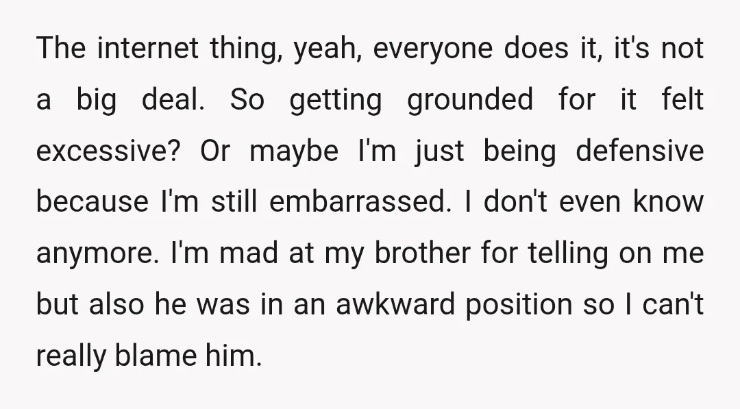 The internet thing, yeah, everyone does it, it's not a big deal. So getting grounded for it felt excessive? Or maybe I'm just being defensive because I'm still embarrassed. I...