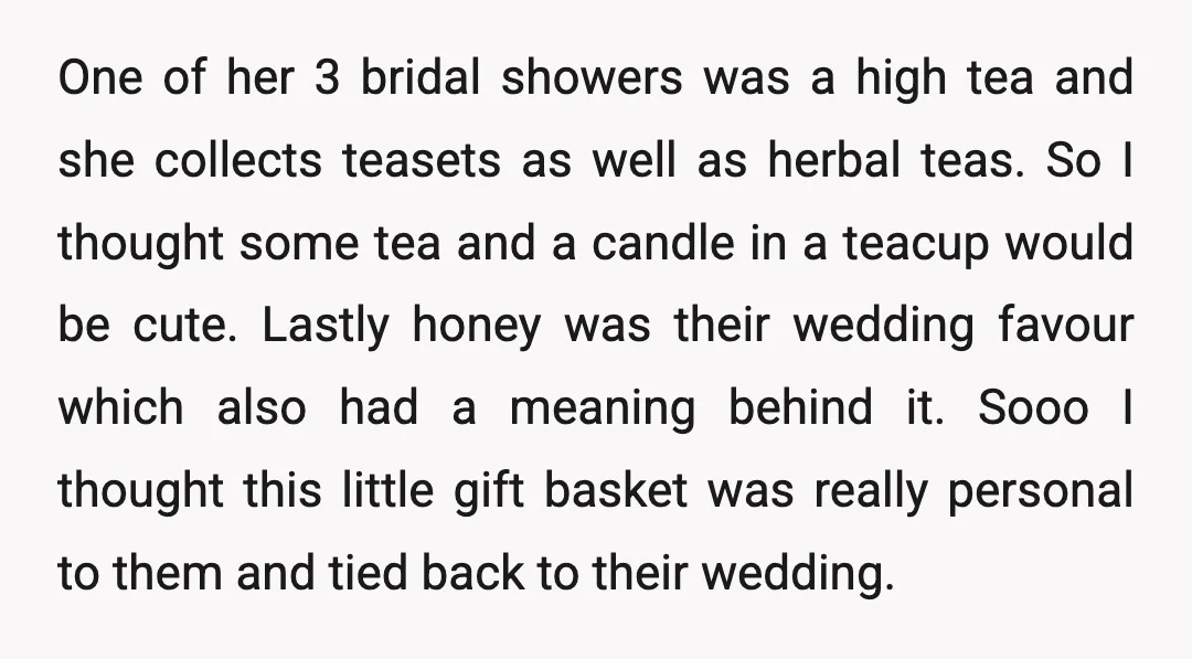 One of her 3 bridal showers was a high tea and she collects teasets as well as herbal teas. So I thought some tea and a candle in a teacup...