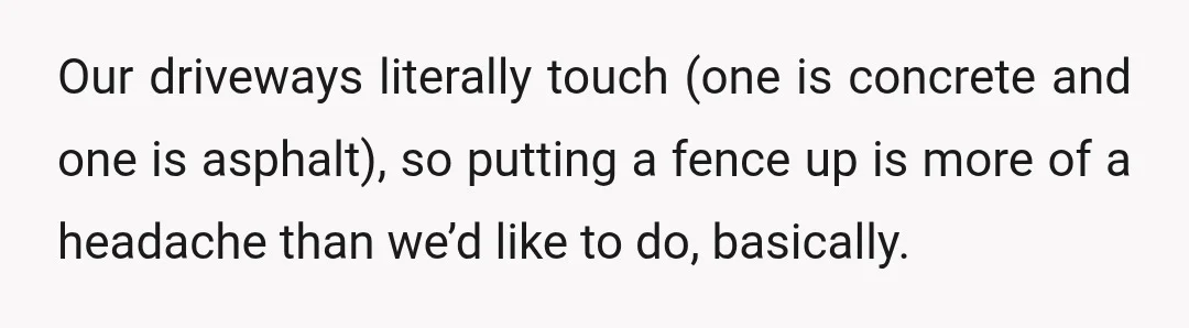 Our driveways literally touch (one is concrete and one is asphalt), so putting a fence up is more of a headache than we’d like to do, basically.