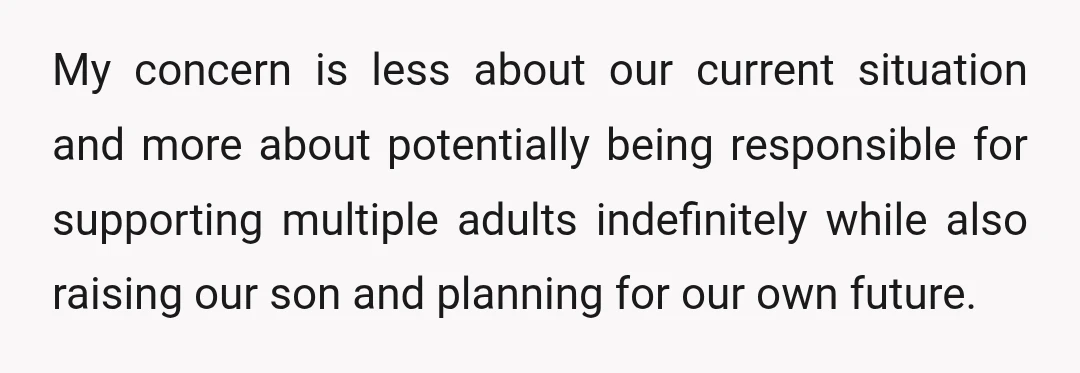 My concern is less about our current situation and more about potentially being responsible for supporting multiple adults indefinitely while also raising our son and planning for our own future.