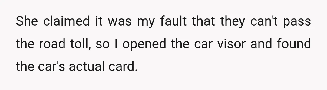 She claimed it was my fault that they can't pass the road toll, so I opened the car visor and found the car's actual card.