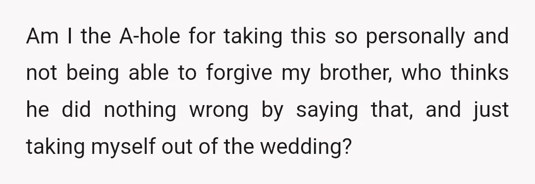 Am I the A-hole for taking this so personally and not being able to forgive my brother, who thinks he did nothing wrong by saying that, and just taking myself...