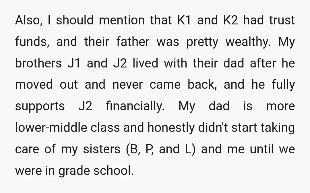 Also, I should mention that K1 and K2 had trust funds, and their father was pretty wealthy. My brothers J1 and J2 lived with their dad after he moved out...
