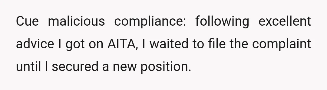 Cue malicious compliance: following excellent advice I got on AITA, I waited to file the complaint until I secured a new position.