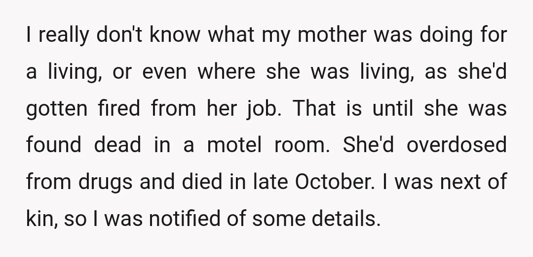 I really don't know what my mother was doing for a living, or even where she was living, as she'd gotten fired from her job. That is until she was...