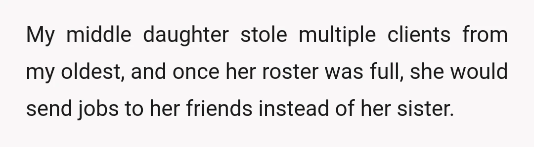 My middle daughter stole multiple clients from my oldest, and once her roster was full, she would send jobs to her friends instead of her sister.