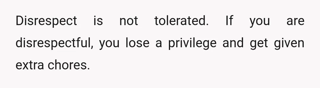 Disrespect is not tolerated. If you are disrespectful, you lose a privilege and get given extra chores.