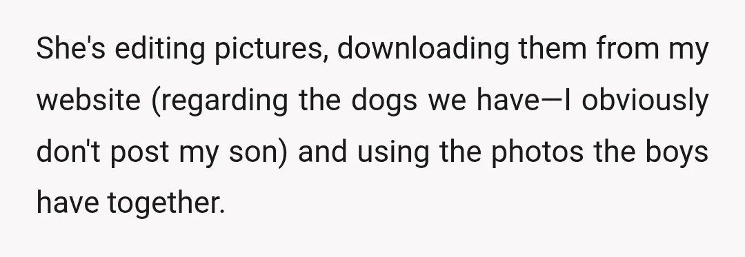 She's editing pictures, downloading them from my website (regarding the dogs we have—I obviously don't post my son) and using the photos the boys have together.