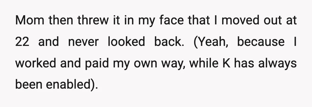 Mom then threw it in my face that I moved out at 22 and never looked back. (Yeah, because I worked and paid my own way, while K has always...