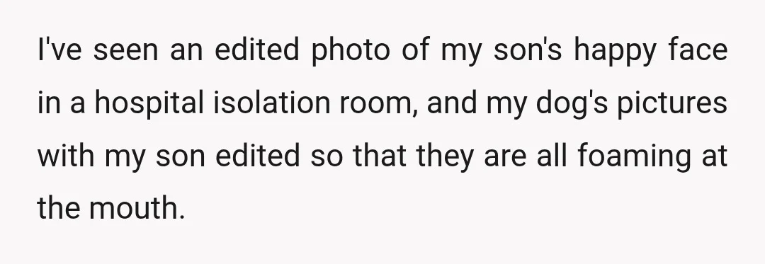 I've seen an edited photo of my son's happy face in a hospital isolation room, and my dog's pictures with my son edited so that they are all foaming at...