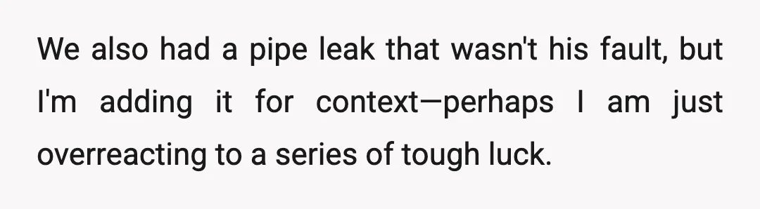 We also had a pipe leak that wasn't his fault, but I'm adding it for context—perhaps I am just overreacting to a series of tough luck.