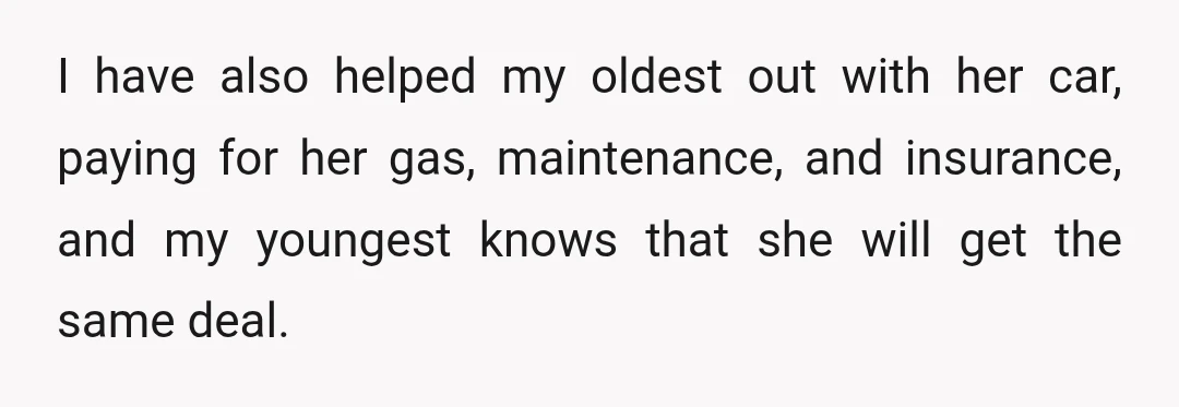 I have also helped my oldest out with her car, paying for her gas, maintenance, and insurance, and my youngest knows that she will get the same deal.