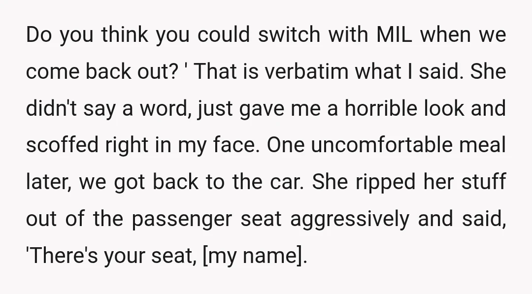 Do you think you could switch with MIL when we come back out? ' That is verbatim what I said. She didn't say a word, just gave me a horrible...