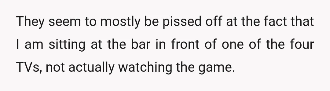 They seem to mostly be pissed off at the fact that I am sitting at the bar in front of one of the four TVs, not actually watching the game.