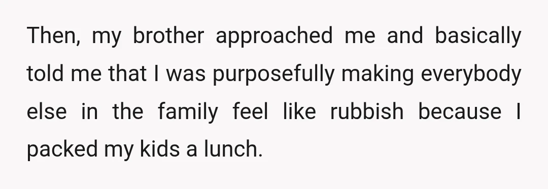 Then, my brother approached me and basically told me that I was purposefully making everybody else in the family feel like rubbish because I packed my kids a lunch.
