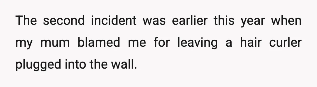 The second incident was earlier this year when my mum blamed me for leaving a hair curler plugged into the wall.