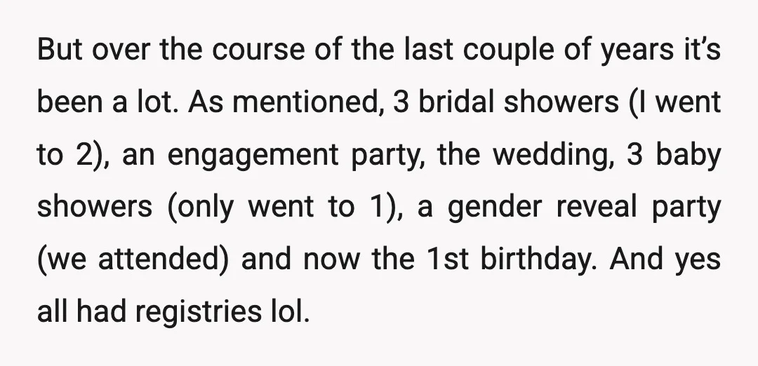 But over the course of the last couple of years it’s been a lot. As mentioned, 3 bridal showers (I went to 2), an engagement party, the wedding, 3 baby...