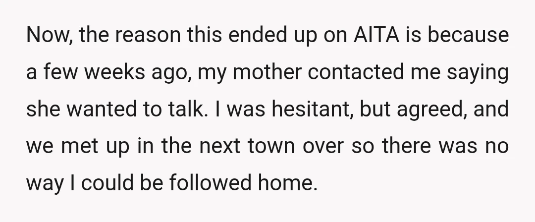 Now, the reason this ended up on AITA is because a few weeks ago, my mother contacted me saying she wanted to talk. I was hesitant, but agreed, and we...