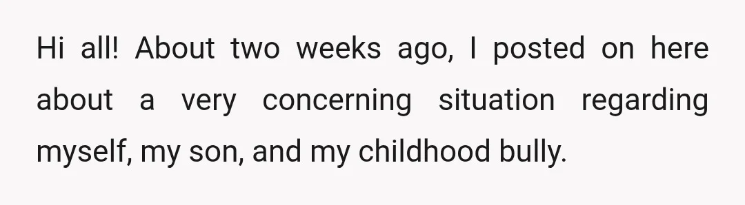 Hi all! About two weeks ago, I posted on here about a very concerning situation regarding myself, my son, and my childhood bully.
