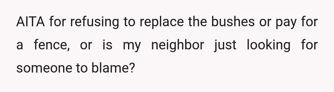 AITA for refusing to replace the bushes or pay for a fence, or is my neighbor just looking for someone to blame?