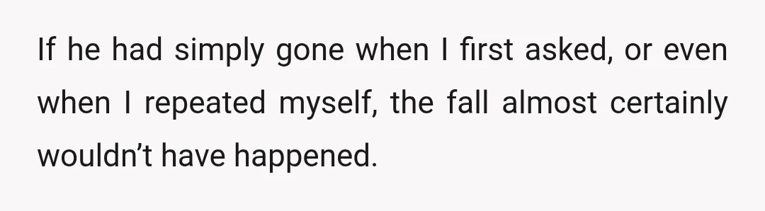 If he had simply gone when I first asked, or even when I repeated myself, the fall almost certainly wouldn’t have happened.