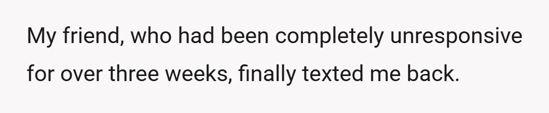 My friend, who had been completely unresponsive for over three weeks, finally texted me back.