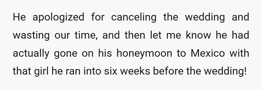 He apologized for canceling the wedding and wasting our time, and then let me know he had actually gone on his honeymoon to Mexico with that girl he ran into...