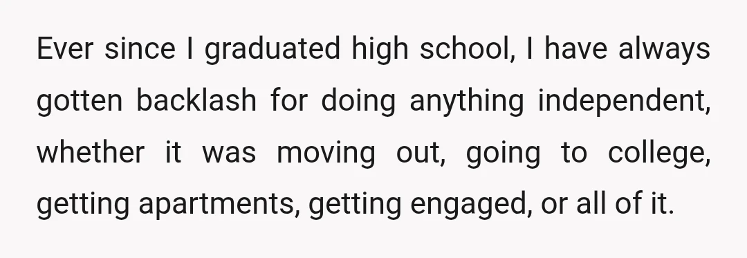 Ever since I graduated high school, I have always gotten backlash for doing anything independent, whether it was moving out, going to college, getting apartments, getting engaged, or all of...