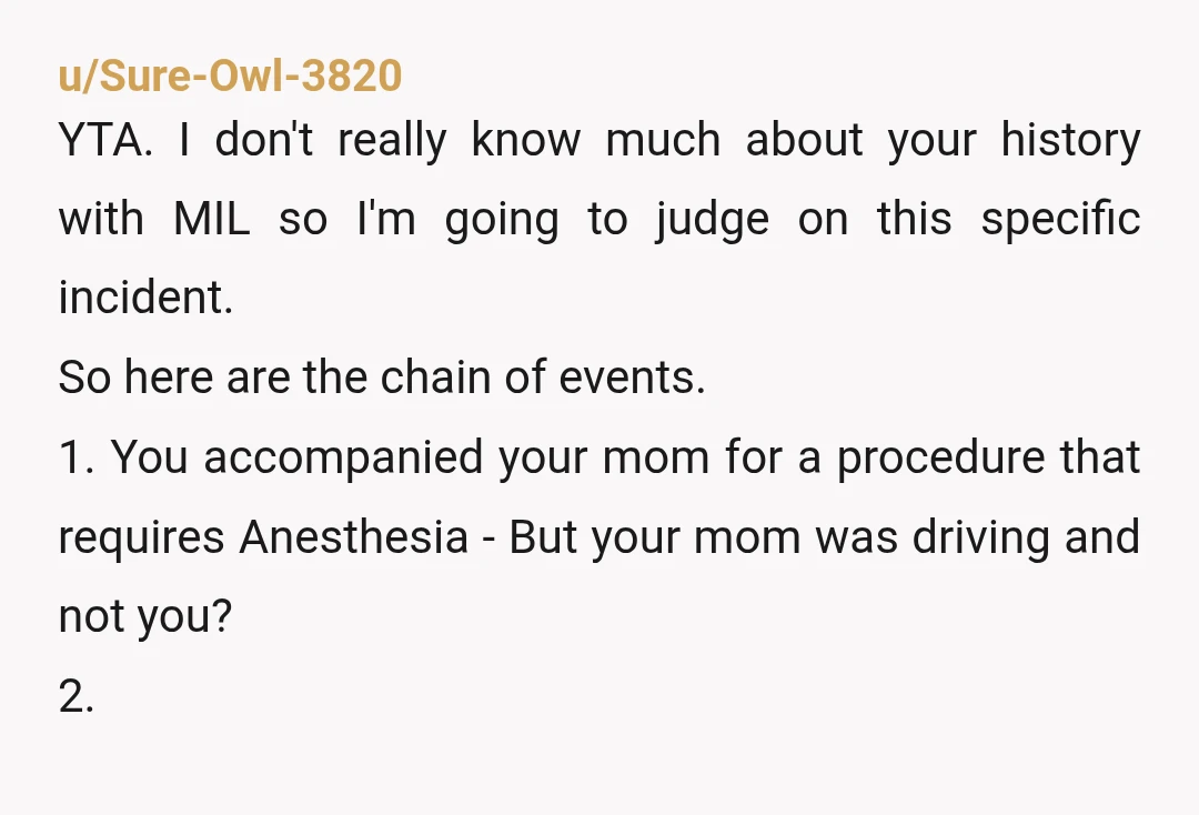 u/Sure-Owl-3820 YTA. I don't really know much about your history with MIL so I'm going to judge on this specific incident. So here are the chain of events. 1. You...