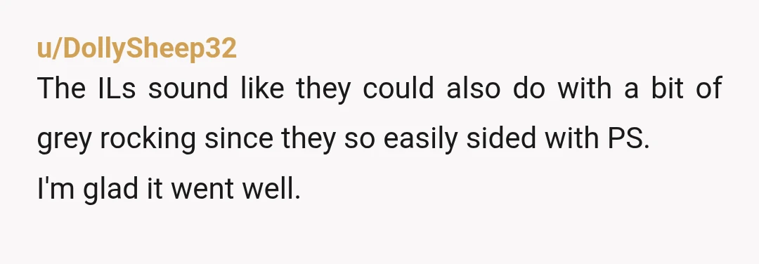 u/DollySheep32
The ILs sound like they could also do with a bit of grey rocking since they so easily sided with PS.
I'm glad it went well.
