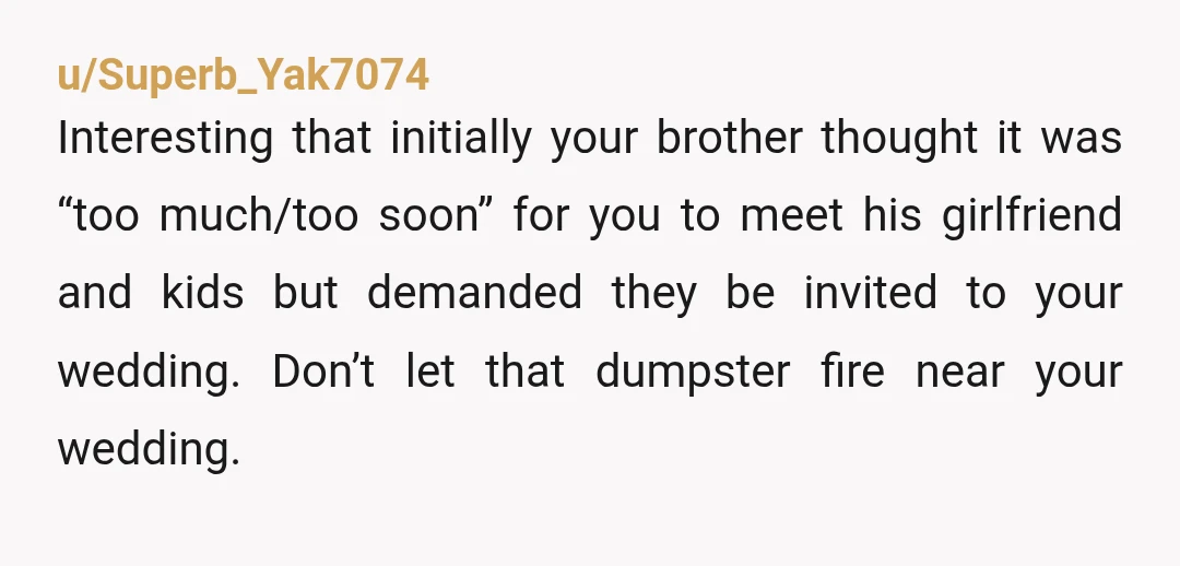 u/Superb_Yak7074 Interesting that initially your brother thought it was “too much/too soon” for you to meet his girlfriend and kids but demanded they be invited to your wedding. Don’t let...