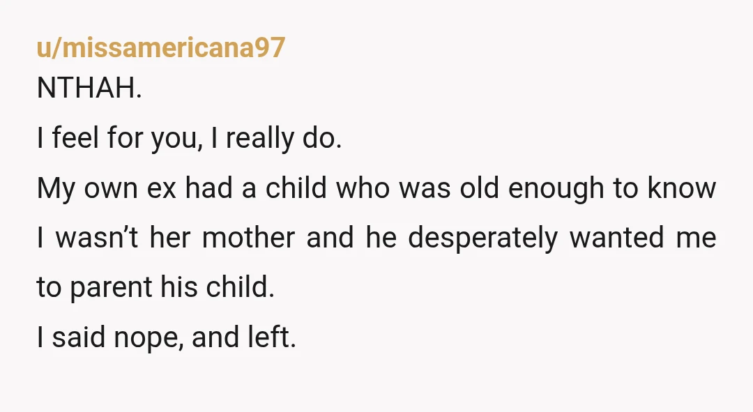 u/missamericana97 NTHAH. I feel for you, I really do. My own ex had a child who was old enough to know I wasn’t her mother and he desperately wanted me...