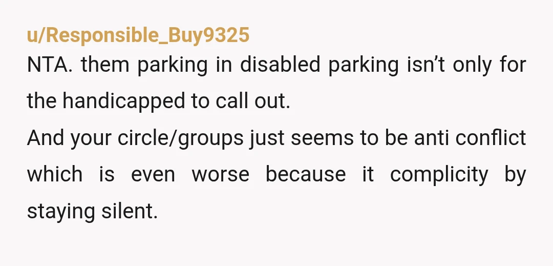 u/Responsible_Buy9325 NTA. them parking in disabled parking isn’t only for the handicapped to call out. And your circle/groups just seems to be anti conflict which is even worse because it...