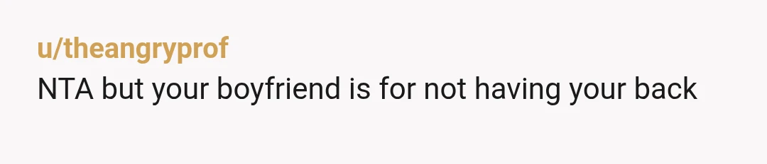u/theangryprof
NTA but your boyfriend is for not having your back