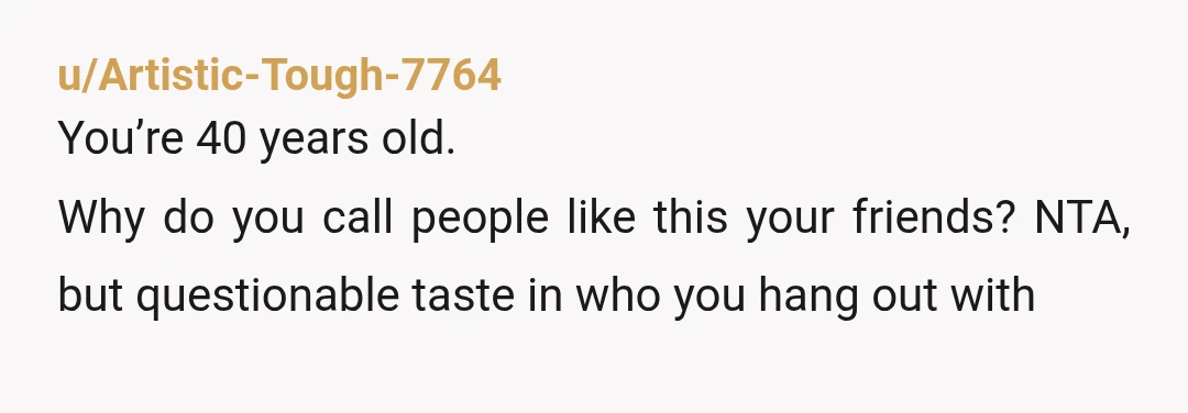 u/Artistic-Tough-7764
You’re 40 years old.
Why do you call people like this your friends? NTA, but questionable taste in who you hang out with
