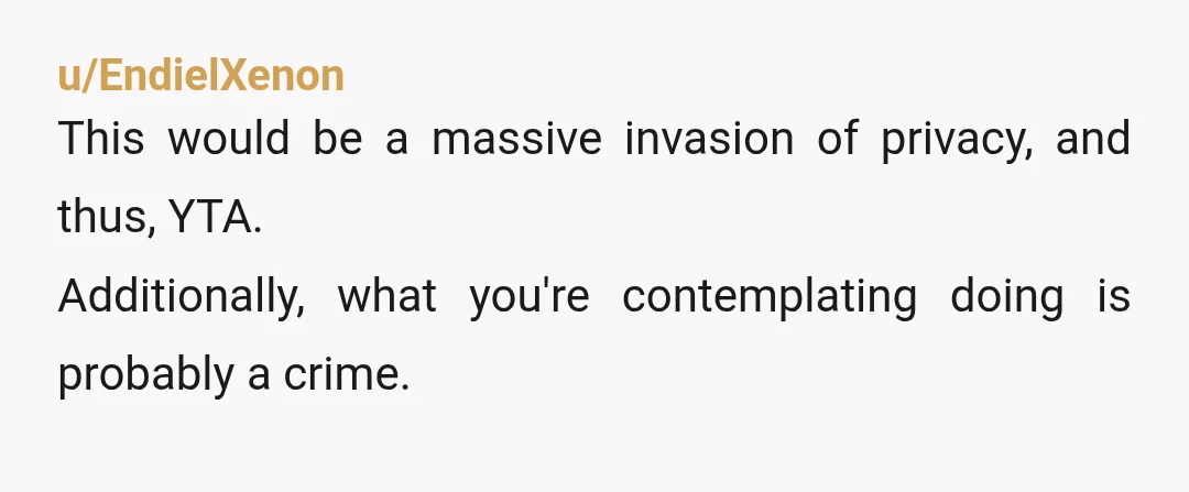 u/EndielXenon
This would be a massive invasion of privacy, and thus, YTA.
Additionally, what you're contemplating doing is probably a crime.