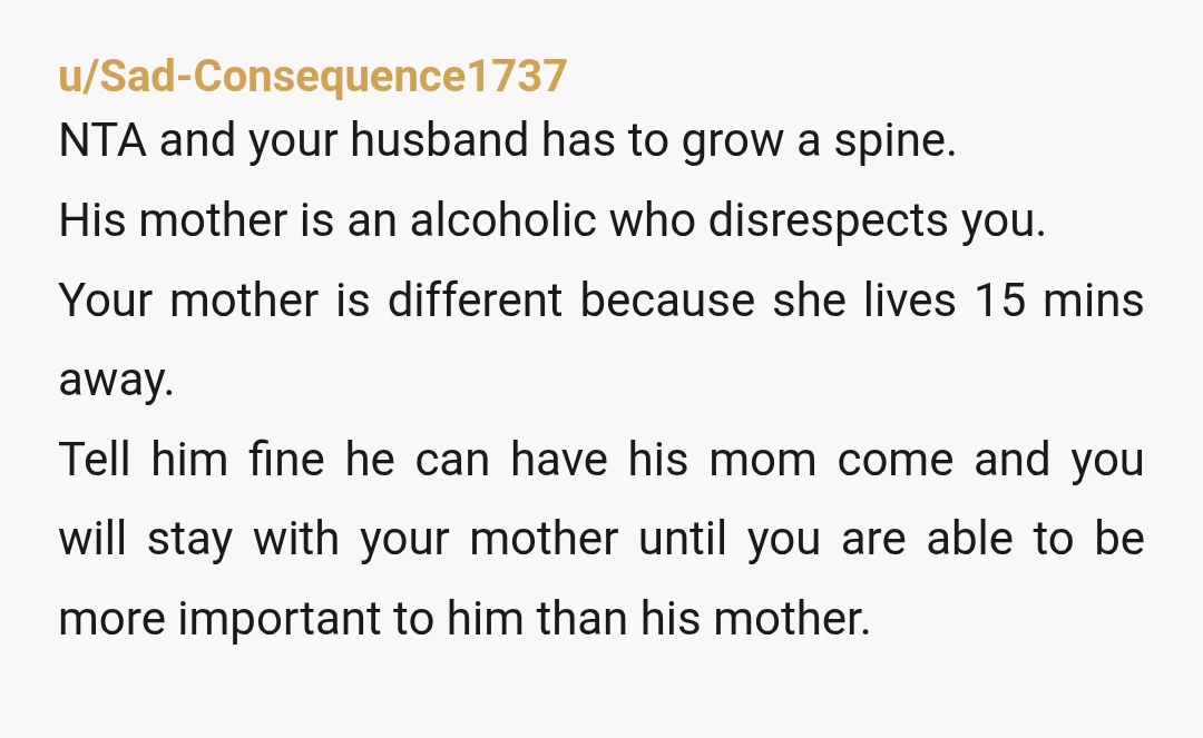 u/Sad-Consequence1737 NTA and your husband has to grow a spine. His mother is an alcoholic who disrespects you. Your mother is different because she lives 15 mins away. Tell him...