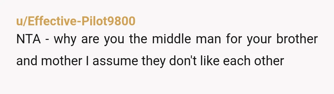 u/Effective-Pilot9800
NTA - why are you the middle man for your brother and mother I assume they don't like each other