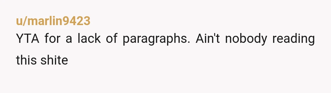 u/marlin9423
YTA for a lack of paragraphs. Ain't nobody reading this shite