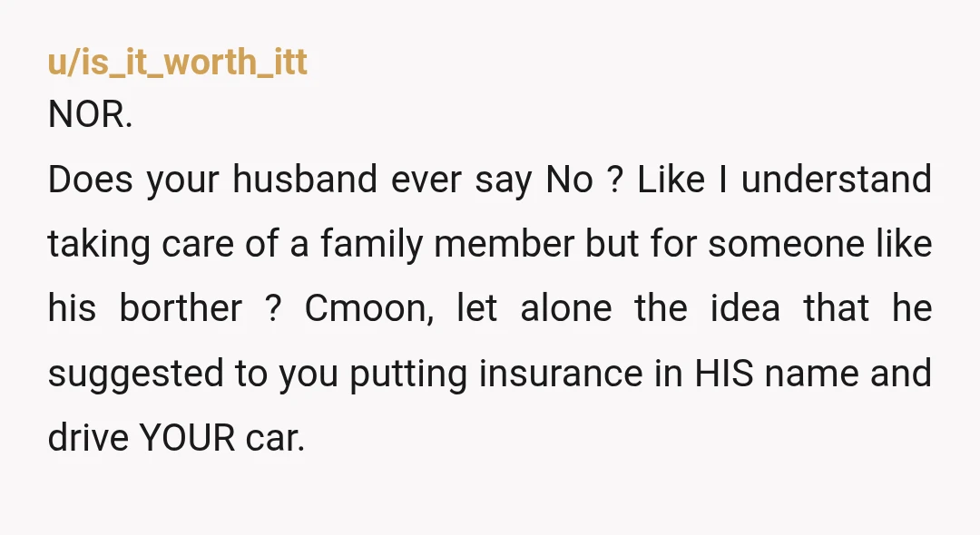 u/is_it_worth_itt NOR. Does your husband ever say No ? Like I understand taking care of a family member but for someone like his borther ? Cmoon, let alone the idea...