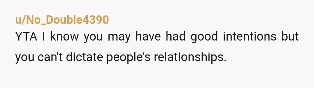 u/No_Double4390
YTA I know you may have had good intentions but you can't dictate people's relationships.