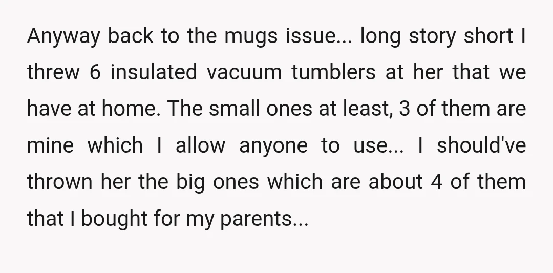 Anyway back to the mugs issue... long story short I threw 6 insulated vacuum tumblers at her that we have at home. The small ones at least, 3 of them...